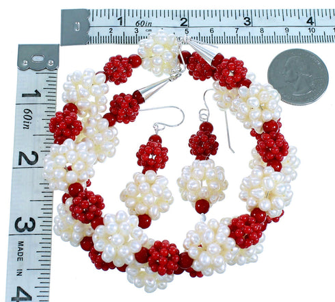 Sterling Silver Coral And Mother Of Pearl Bead Necklace And Earrings Set RX114170